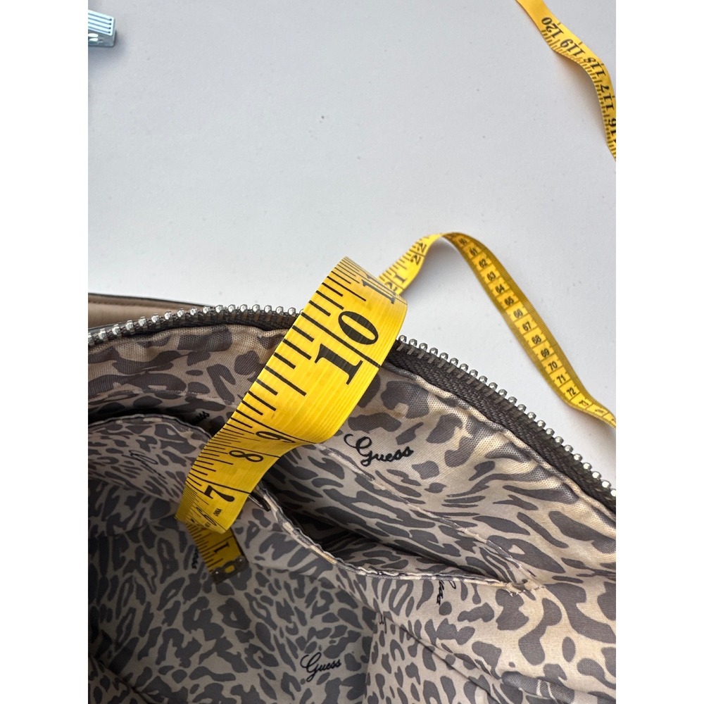 Guess Satchel Handbag Metallic Pewter Logo Embossed Tan Handles Leopard Lining - Picture 8 of 12